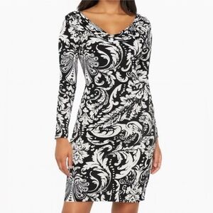 Black White Damask Printed Casual Long Sleeve Cowl Neck Dress M Work Office